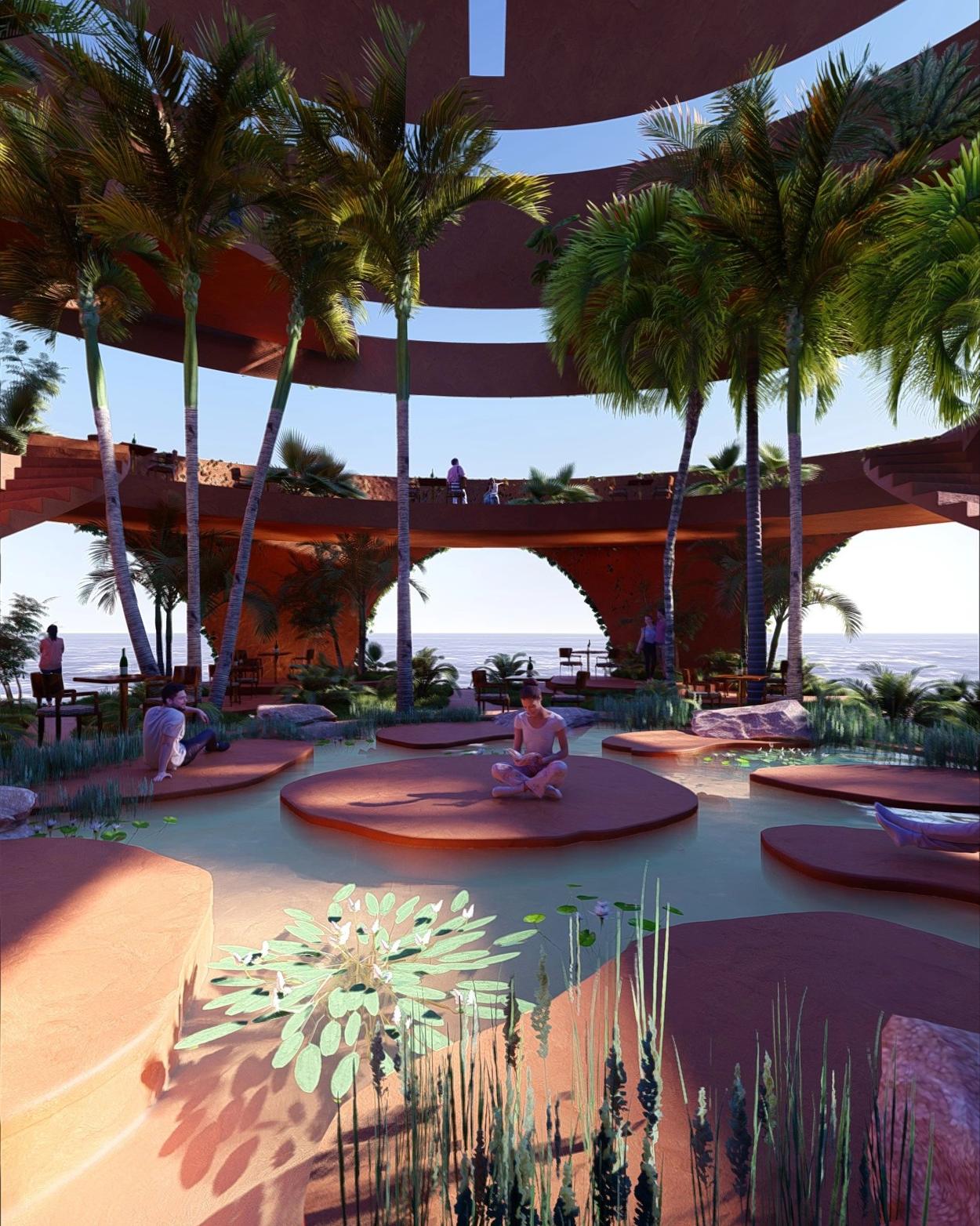 Wellness pavilion open to the ocean